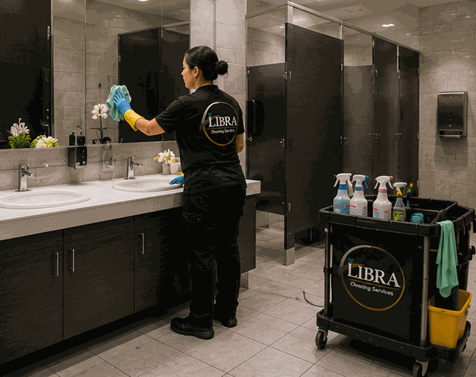Worker wiping a restroom mirror beside a cleaning cart